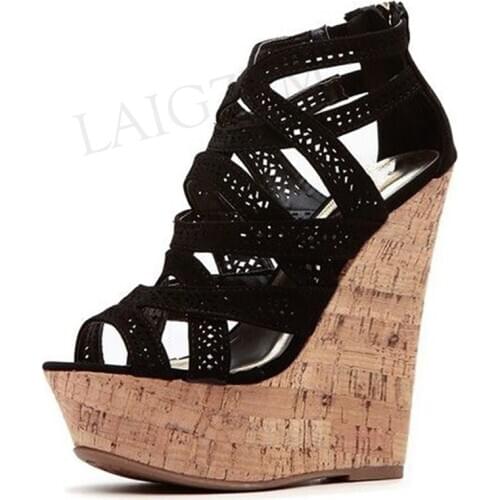 BERZIMER Women Sandals Platform Wedges Cut Outs Faux Suede Height Increasing Pumps Black Shoes Woman Big Size 44 45 47 49 50 52