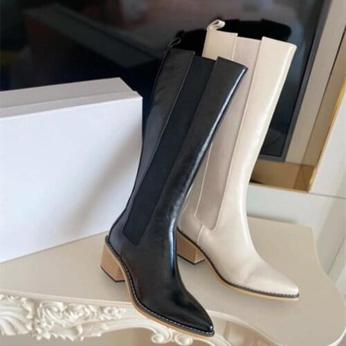 Fashion Women Boots Genuine Leather Pointed Toe Long Boots High Heel Slip On Comfortable Lady Shoes