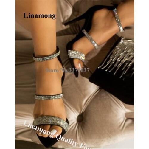 Linamong Bling Bling Rhinestone Pointed Open Toe Stiletto Heel Sandals Silver Black Crystal High Heel Sandals Wedding Shoes