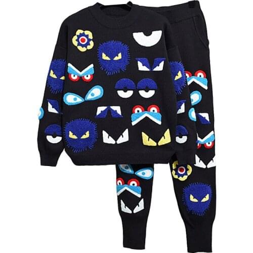 New 2021 Autumn Winter Knit Suit Women Set Long sleeve Tracksuit Little Monster Print Top Caual Elastic Waist Pants 2 Piece Set