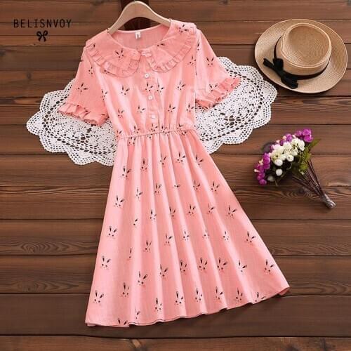 New Preppy Style Summer Women Cute Anime Dress Peter Pan Collar Pink Yellow Cat Dress Short Sleeve A-Line Kawaii Girls Dress
