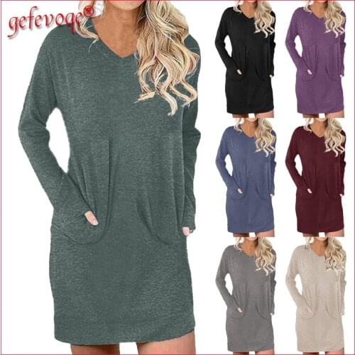 2021 Autumn Winter New Womens Clothing Solid Basic Dresses Streetwear Fashion V-neck Long Sleeve Loose Pocket Casual Mini Dress