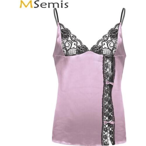 Men Sissy Lingerie Erotic Smooth Silky Satin Pajamas Gay Sexy Mini Babydoll Night Dress Spaghetti Strap Deep V Lace Trim Chemise