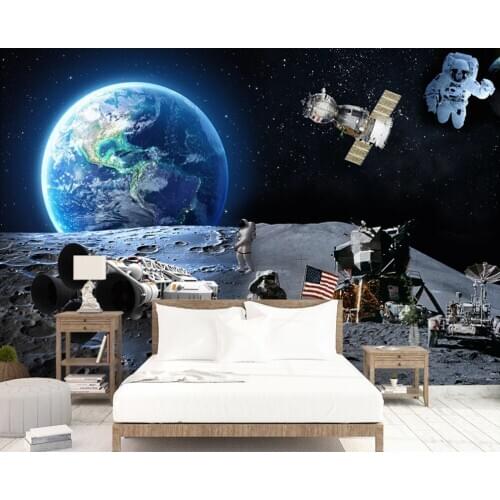 Custom 3D wallpaper mural 3D moon landing astronaut universe earth spaceship background wall childrens room background wall