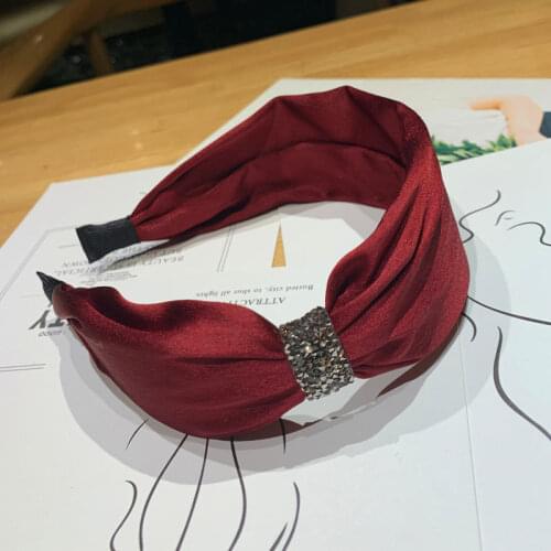 Burgandy Headband Women Side Crystals Decorated Headband Plain Hairband Solid Matte Head Band for Adults Wide Hairband Headdress