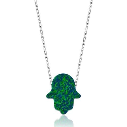 Silver Green Opal Fatma Master Hand Lady Necklace