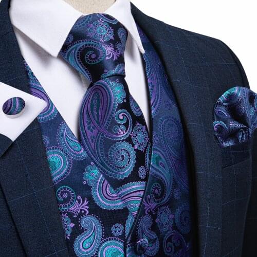 Purple Black Paisley Top Design Wedding Men 100%Silk Waistcoat Vest Ties Hanky Cufflinks Cravat Set for Suit Tuxedo MJTZ-104