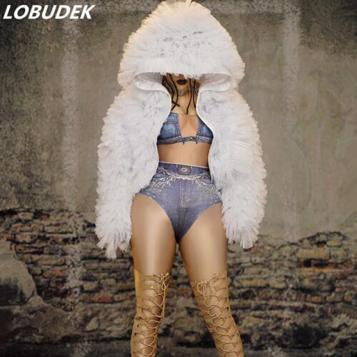 Women Whiter Bat Sleeve Hooded Jacket Loose Short Coat Female Singer Models Catwalk Stage Costume Nightclub Performance Clothing