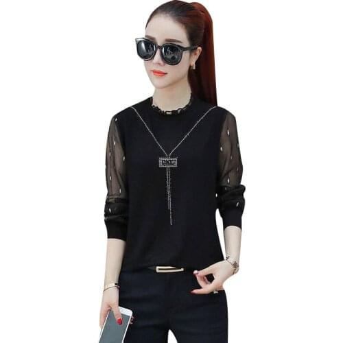 Womens Spring Autumn Style Lace Shirts Elegant Long Sleeve Blouses Diamonds O-Neck Splicing Casual Fashion Tops DD8300