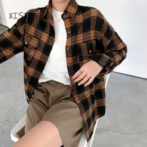 Loose Plaid Shirts Women Thick Autumn Long Sleeve Shirts 2021 Female Office Work Wear Tops Harajuku Style Female Clothings