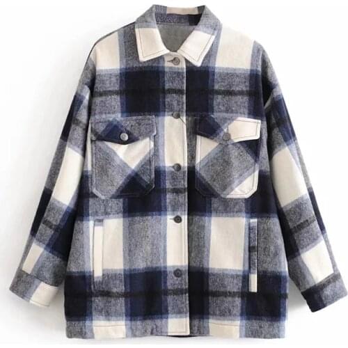 Fashion Plaid Thick Shirt Womens 2021 Fall East Winter New Long Sleeve Pocket Style Temperament Commuter Lapel Tweed Blouse