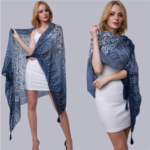 2020 Summer Women Long Scarf Elegant Blue And White Porcelain Print Tassel Wraps Female National Style Beach Shawls