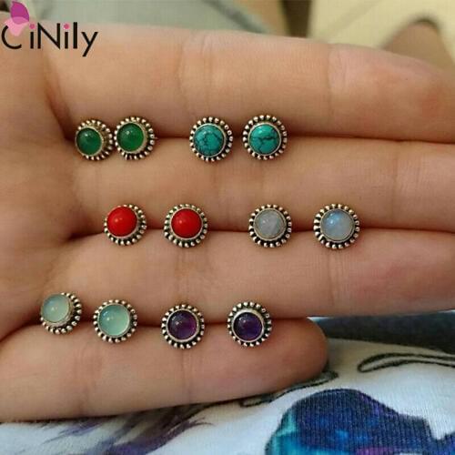 CiNily 6 Pairs Multicolor Stone Bohemian Silver Earrings Jewelry Earrings Stud Set For Women SH031