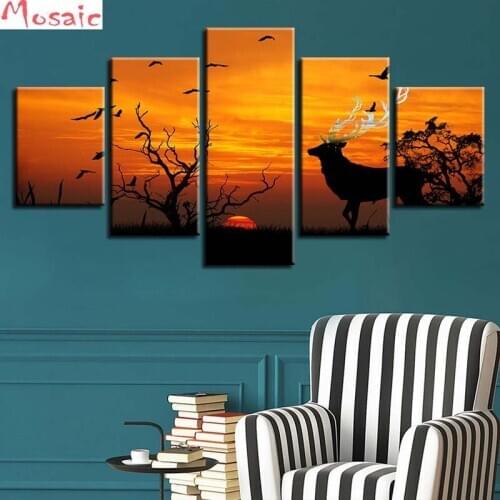 Diy Diamond Painting cross stitch"5pcs Animal Sunset deer"full display Diamond Embroidery sale of painting Full Square Mosaic