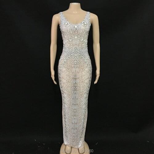 Sparkly Pearls Crystals Mesh Long Dress Womens Birthday Celebrate See Through Lace Dress Stage Costume Dance Outfit YOUDU