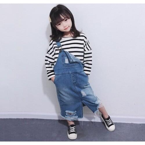 Girl Korean Style Denim Strap Skirt Long Ripped Dress Toddler Girl Fall Clothes 2021 Girls Dress Kids Dresses for Autumn Clothes
