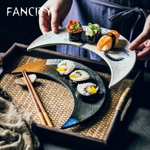FANCITY Ceramic plate Creative large moon plate sushi plate Japanese cuisine flat plate dessert plate pastry plate dumpling plat