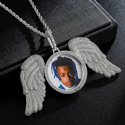Hip Hop Custom Made Photo With CZ Stones Angel Wings Pendants Necklaces Gold Solid Back Cubic Zirconia For Men Jewelry