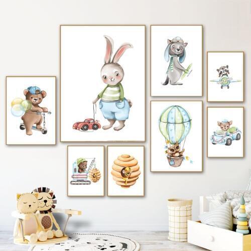 Rabbit Bear Bee Owl Deer Aircraft Car Balloon Wall Art Canvas Painting Nordic Posters And Prints Wall Pictures Kids Room Decor
