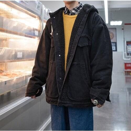 Jacket Japan Style Windbreaker Men Streetwear Lambswool Denim Winter Jackets and Coats 2021 Mens Hip Hop Parkas Hooded