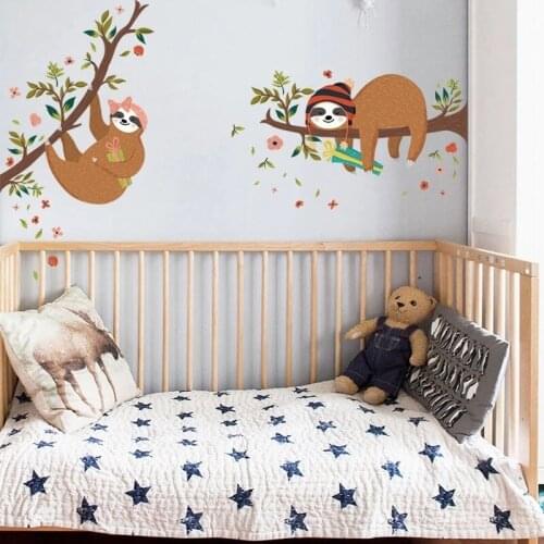 Cartoon Animal Sloth Wall Stickers Aesthetic Art Tree for Kids Room Decoration Living Room Bedroom Decor Headboard Wallstickers