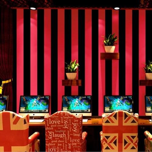 Q QIHANG Modern Fashion Vertical Stripes Red and Black Bar Internet Cafe Hotel KTV PVC Wallpaper Roll 5.3m2
