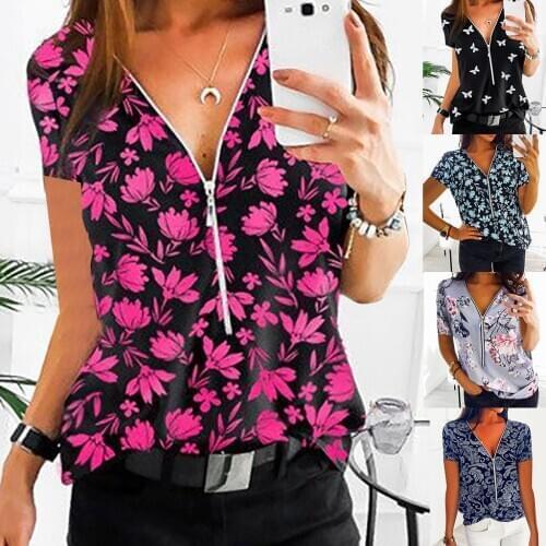 5xl plus size zipper tunic tops Printing Floral Womens shirt Short Sleeve V-neck blouses casual vintage blouse femme ropa mujer