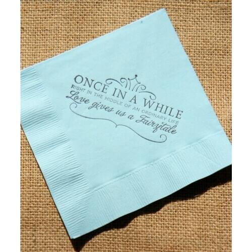 Fairytale Love Light Blue Paper Wedding Cocktail Napkins Once in a While Crown Stamped 3 ply Custom Beverage Napkins