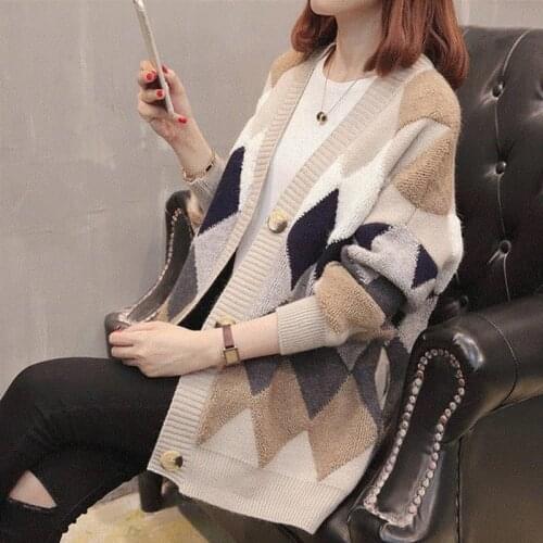 Women Sweater 2021 Autumn Winter Fashion Plaid V-Neck Cardigans Casual Single Breasted Long Sleeve Loose Thicken Knitted Outwear