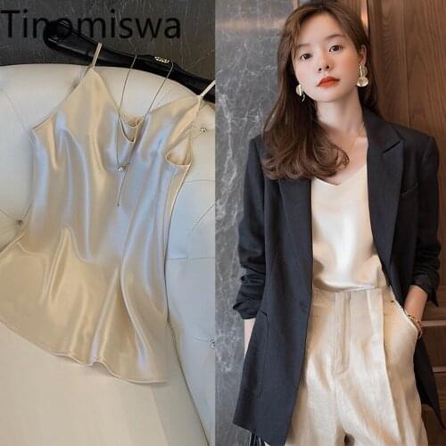 Tinomiswa Satin Spaghetti Strap Tops Women Unicolor Basic Tops Casual Loose Camisole New Fashion Home Clothes Korean Style Camis