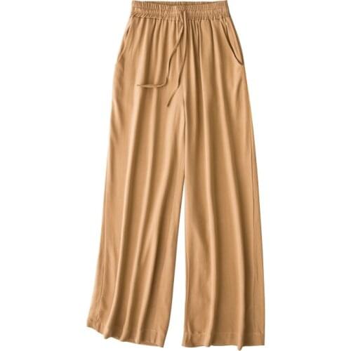 Vintage Women Summer Spring Natural Silk Pants Silk Loose Style Trousers Work Wear OL Fashion Holiday camel wide leg Pants