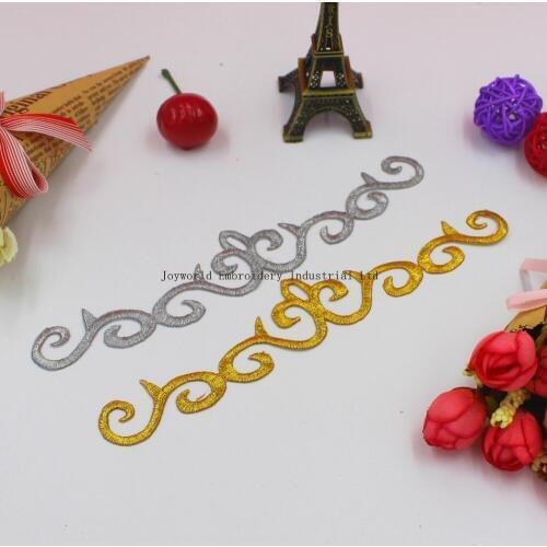 YACKALASI 10 Pieces/Lot Gold Flower Lace Appliqued Metailic Embroidered Cosplay Patches Fabric Applique Gold Silver 19cm*3.5cm