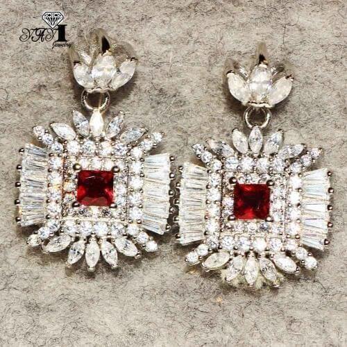 YaYI Jewelry Fashion Princess Cut 15 CT Red Zircon Silver Color long Ear Earrings wedding Party tassel Earrings Gifts