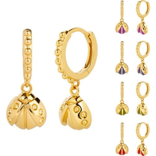 YUXINTOME 925 Silver Ear Buckle Ladybug Pendant Hoop Earrings Women Colored Enamel Insects Earring Europe Fashion Jewelry Gift