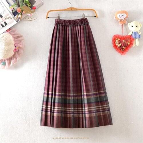 SISHION Striped Plaid Print Autumn Winter Skirt Women 2021 Fashion Vintage Elastic Waist Thick A-Line Pleated Skirt VD2381