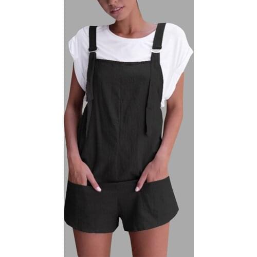 Women Rompers Elastic Waist Dungarees Linen Cotton Pockets Rompers Playsuit Shorts Pants Solid Casual Office Lady Jumpsuits