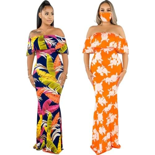 Ladies Summer Elegant Party Evening Long Long Skirt & Printed Neck Tube Top Dress Sexy Women