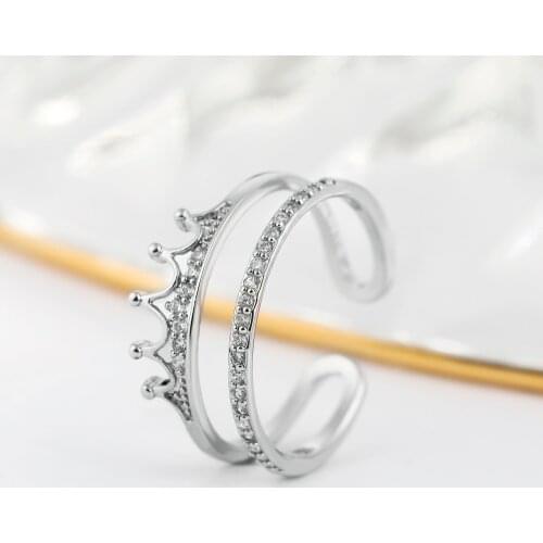 Women Ring Silver Plated Double Row Crown Cubic Zirconia Ring Fashion Simple Banquet Wedding Ring Designed for Women Send Girl