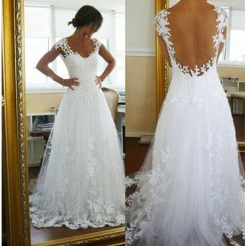 High Quality Wedding Dresses Lace Appliques Backless Bride Dresses Sleeveless Tulle Sweep Train Bridal Gowns Vestido De Noiva