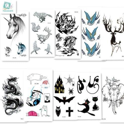 10pcs/lot Rocooart Elephant Horse Cat Elk Animals Watercolor Painting Temporary Tattoo Sticker Body Art Waterproof Tattoos Taty