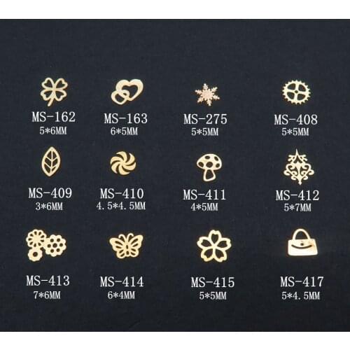 100pcs/bag Gold Lucky-Leaf Snowflake Heart Mushroom Butterfly non-adhesive Hard Metal Sticker Nail Art Decoration