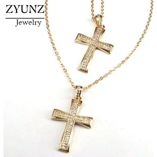 6PCS, Cross Shaped Crystal Zirconia Pendants Gold Color Chain Necklace Fashion Jewelry Gifts For Women Men