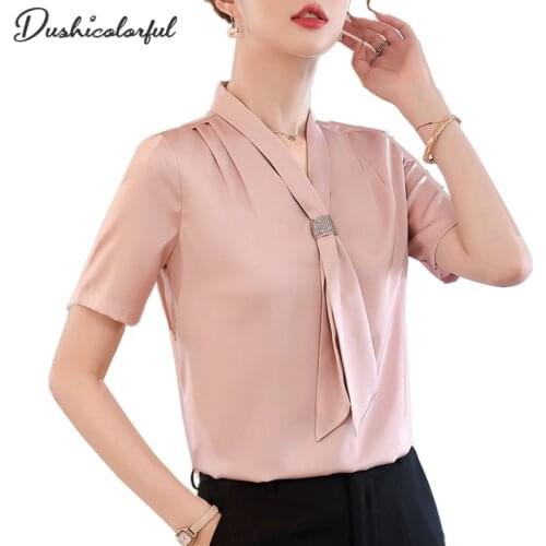 Blouses Women Short Sleeves Shirt Summer Bow Tie V-Neck Shirt Office Ladies Casual Female Pink Tops Plus Size 4XL