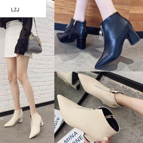 LZJ Brand Zipper Boots Woman Front Big Open Botas Mid-Calf Botines Winter Thick High Heels Patent Leather Martin Booties 2019