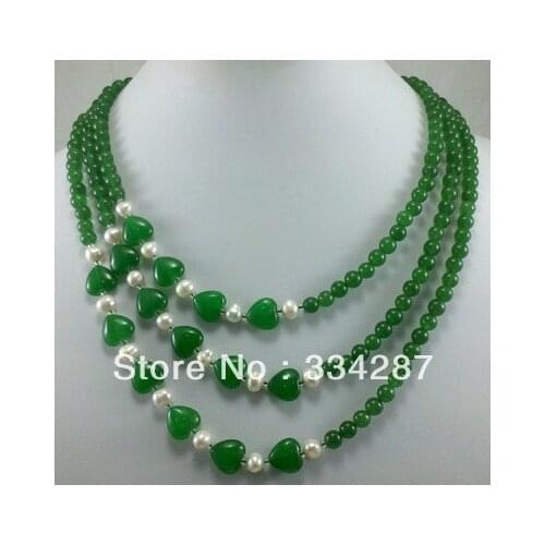 Green Jades 6MM Beads 10MM Heart-shaped pearl 3 Row Necklace 17"