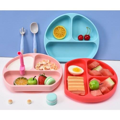 Baby Dinner Plate Childrens Suction Cup Integrated Tableware Auxiliary Bowl Set Learning To Eat Training Spoon Grid Silica Gel