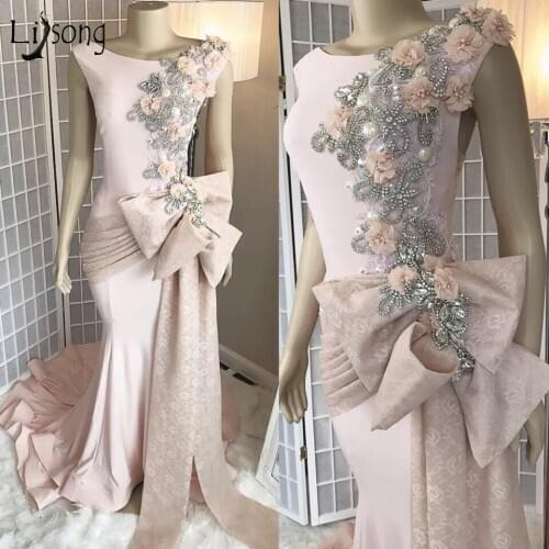 Modest Nude Pink Mermaid Evening Dresses Crystal Pearls Long Prom Gowns Lace Bow 3D Flower Formal Party Dresses Real Image