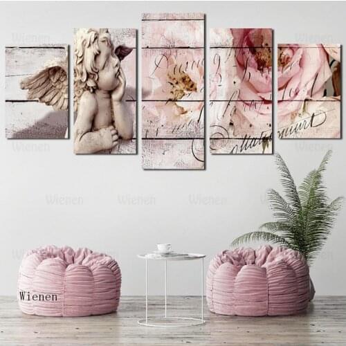 Lovely Angel with Wings Hd Print Picture Flowers Canvas Painting Art Poster Five Pieces Wall Decoration for Living Room Painting