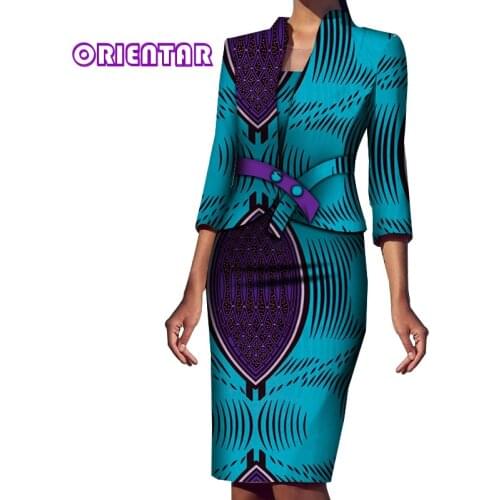 2 Pieces Set Women African Coat and Dress Elegant African Print Clothing Bazin Riche Female 3/4 Sleeve African Clothes WY5994