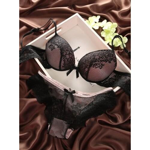 Sexy Lace Bra and Panty Set Women Comfortable Underwear Bra Sets Lingerie Push Up Bralette and See Through Briefs Pure Color
